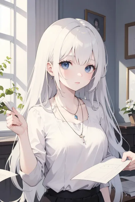 anime girl with long white hair holding a piece of paper