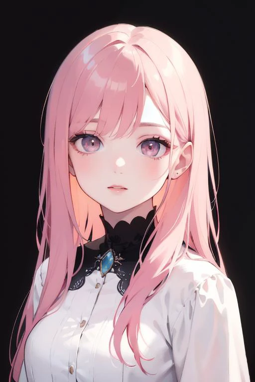 anime girl with pink hair and blue eyes wearing a white shirt