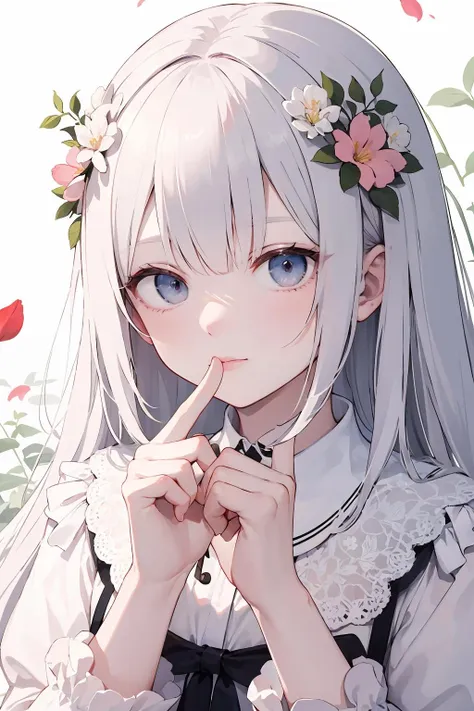 anime girl with long white hair and blue eyes holding her finger to her lips