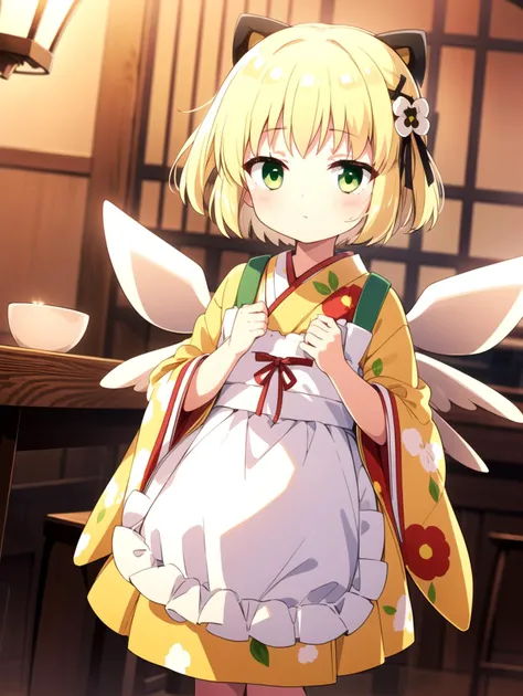 apron, Blonde, Green eyes, masterpiece, best quality, <lyco:gekka:0.8>, Yellow yukata, White wings, Black skirt