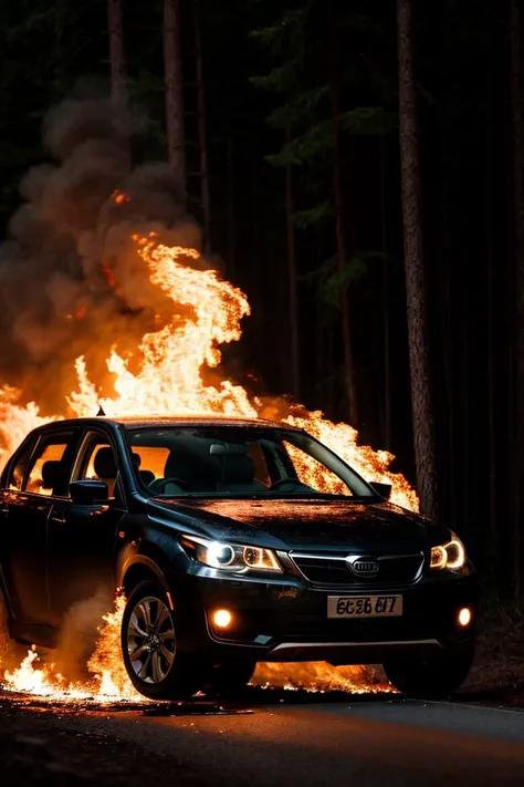 cinematic photo bear siting in burning car, sparks, dark forest, middle shot (oil painting:0.1), <lora:ClassipeintXL1.9:0.4> ,best quality, high resolution, extreme detail, outstanding composition, masterpiece, . 35mm photograph, film, bokeh, professional,...
