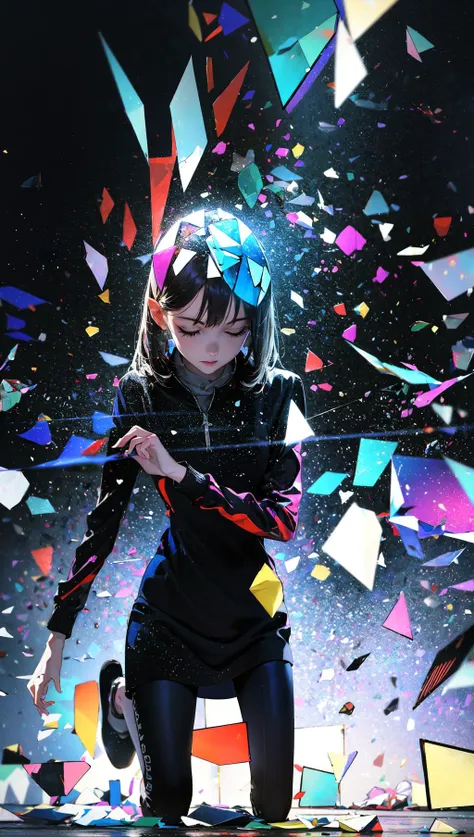 arafed woman in a black outfit holding a sword and confetti