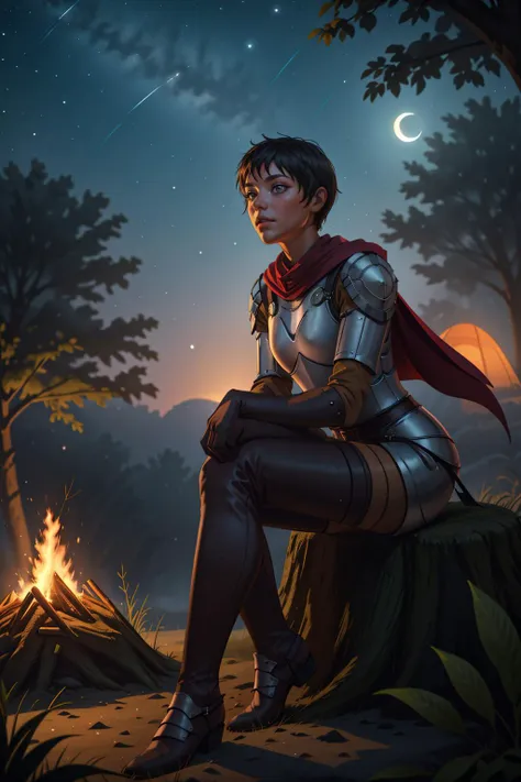 a woman in armor sitting on a tree stump next to a campfire