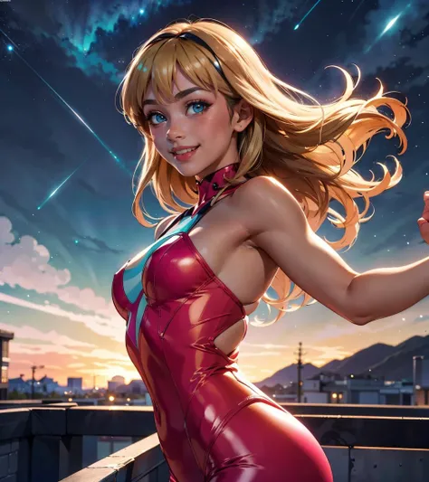 1girl, blonde hair, medium hair, bangs,  aqua eyes, dynamic pose, variations, light smile, skin tight, 
 solarpunk, retrofuturism, scenery,  night, night sky, 
masterpiece, best quality,  <lora:muscle_slider_v1:1.5> <lora:age_slider_v6:-1>  <lora:backlight...