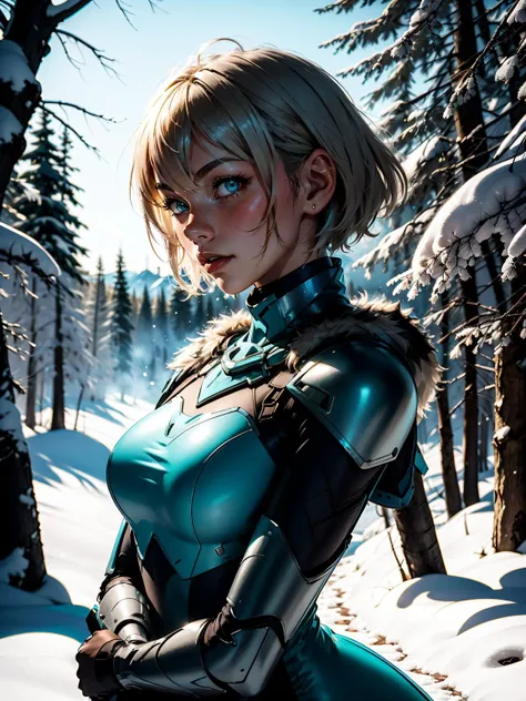 AnjelikaV2, 1girl, light armor, platinum blonde hair, (short hair:1.5), aqua eyes, cowboy shot,    medieval, fur trim, snow, winter, 
masterpiece, best quality, intricate, 
 <lora:backlight_slider_v10:-1> <lora:contrast_slider_v10:3> <lora:add_sharpness:1....