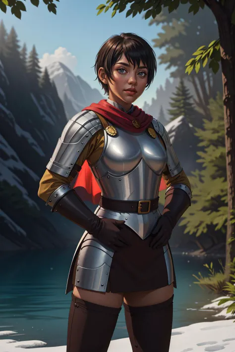 a woman in armor standing in front of a lake