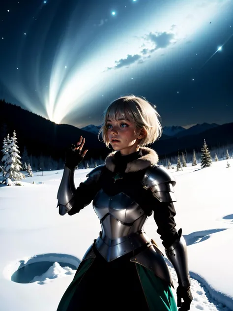 1girl, light armor, platinum blonde hair, (short hair:1.5), aqua eyes,    medieval, fur trim, snow, winter, floating hair, top of the mountain
masterpiece, best quality, intricate, 
 <lora:backlight_slider_v10:-1> <lora:contrast_slider_v10:3><lora:add_shar...