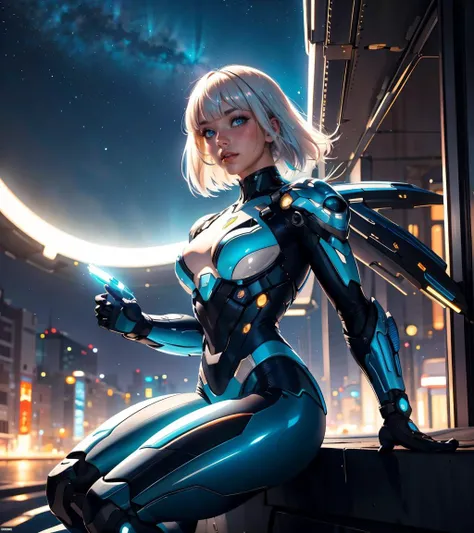 1girl, platinum blonde hair, medium hair, bangs,  aqua eyes, dynamic pose, variations, 
 solarpunk, retrofuturism, scenery,  night, night sky, 
masterpiece, best quality,  <lora:muscle_slider_v1:1.5> <lora:age_slider_v6:-1>  <lora:backlight_slider_v10:-1>