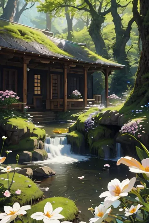 masterpiece, best quality, blooming flowers, ultra realistic 8k fantasy CG, hyperdetailed, landscape of forest