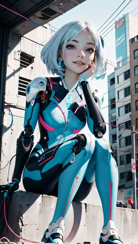 (best quality, masterpiece, perfect face, beautiful and aesthetic:1.2, colorful, dynamic angle, highest detailed face) full body photo of a complex ultra detailed of a beautiful android girl, cute smiling face, cyborg, bobbed haircut, robotic parts, vibran...