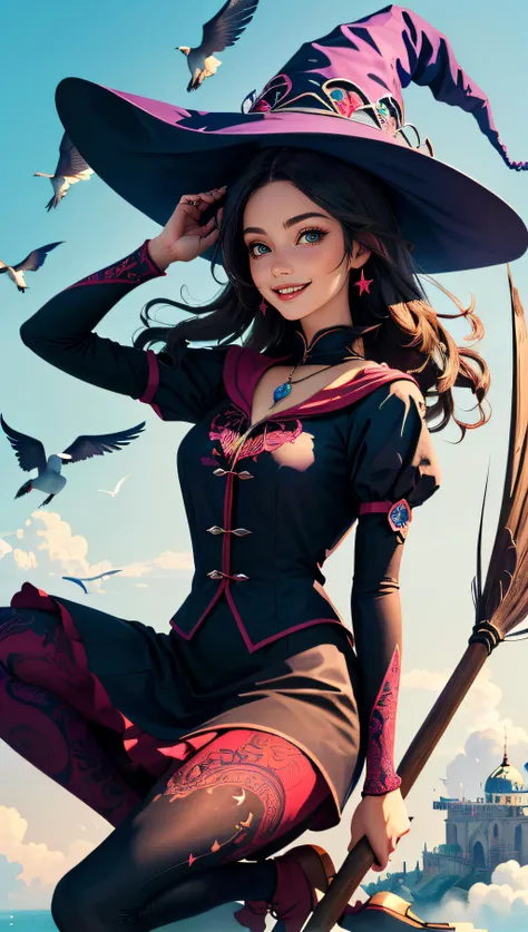 (best quality, masterpiece, colorful, dynamic angle) a beautiful witch, riding a flying broomstick, above the clouds, big witch hat, smiling, beautiful colorful background, birds, (intricate details, hyperdetailed:1.15, extreme detailed, highest detailed),...