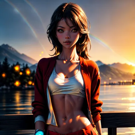 masterpiece, best quality, 1girl, nianacci, intricate detail, (golden hour, warm glow:1.4), summer, mountainous horizon, rainbow, cloudy sky,  pier, red skirt, red cardigan, 
 <lora:more_details:1>