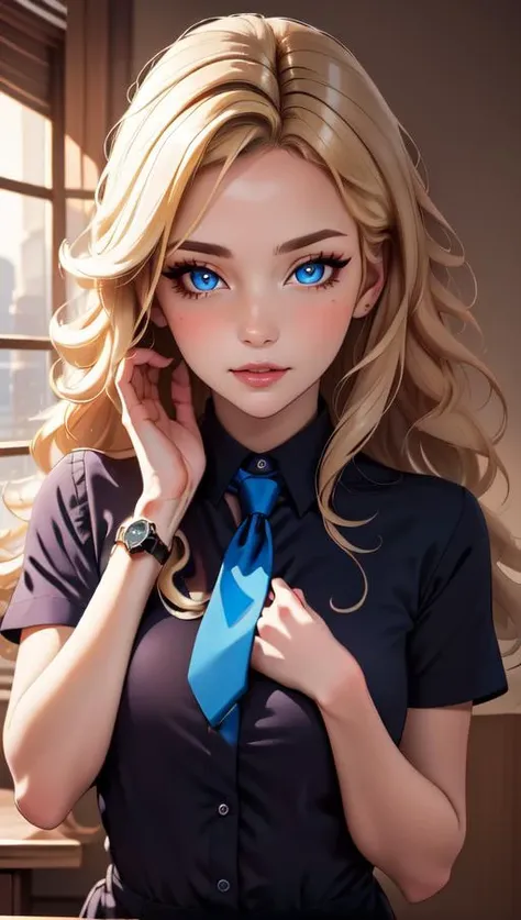 masterpiece, best quality, 1girl, <lora:big_hair-1.0:1> big hair , blonde hair, blue eyes, long eyelashes, indoors, necktie, wristwatch, hands on own face,