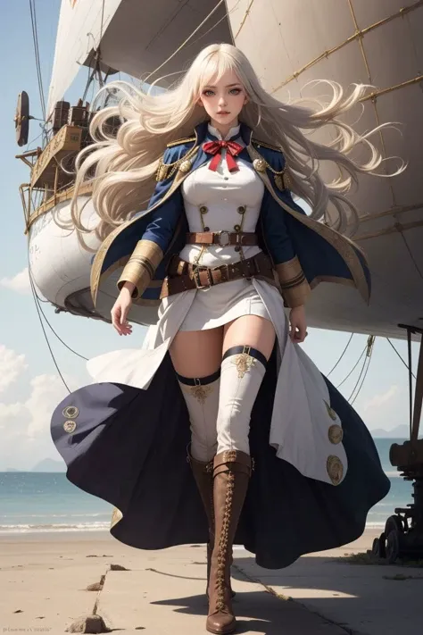 a steampunk-themed artwork featuring a beautiful woman as an intrepid airship captain, ready for adventure, platinum blonde hair, long bangs, award ribbon, military,  major, realistic, parted lips,  full body, wide shot, floating hair, wind