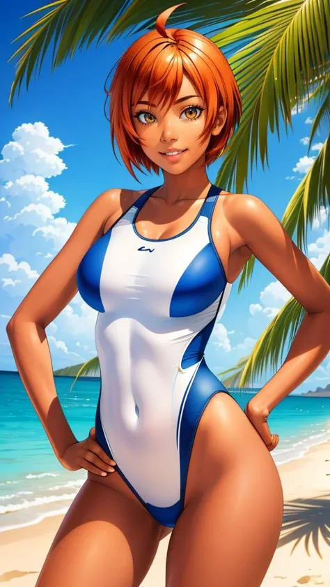 1girl, very short hair, bangs, ahoge, skinny, (tanned), orange hair, semi-realistic, beach, sports swimsuit, dappled sunlight, coconut tree, 
masterpiece, best quality, intricate,   <lora:Bang-You_v3:0.3> bang-you