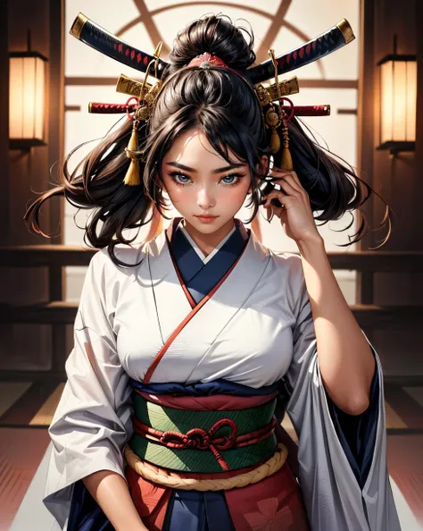 a woman in a fusion of futuristic and samurai-inspired fashion, closed mouth, hand in own hair, 
masterpiece, best quality, intricate detail,  <lora:add_detail:0.5> ,