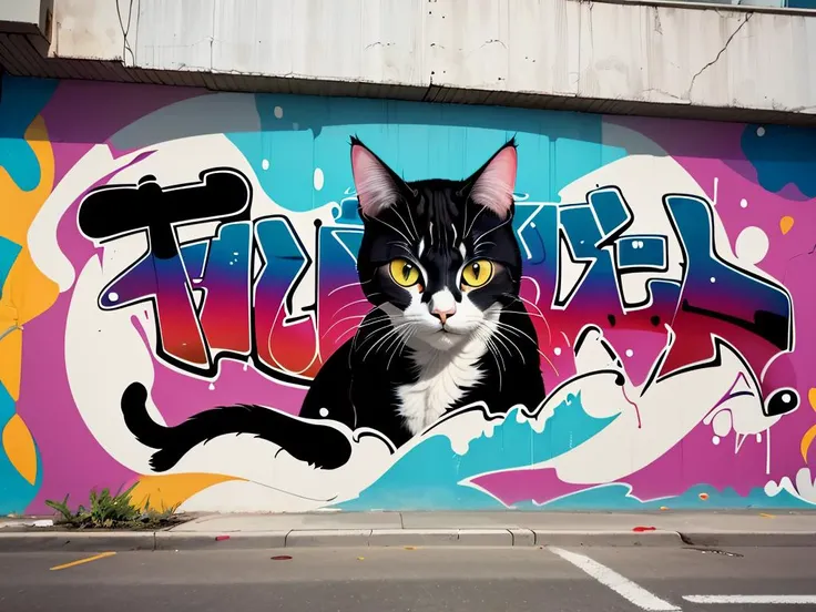 masterpiece, best quality,  a mural of a cat, graffiti,