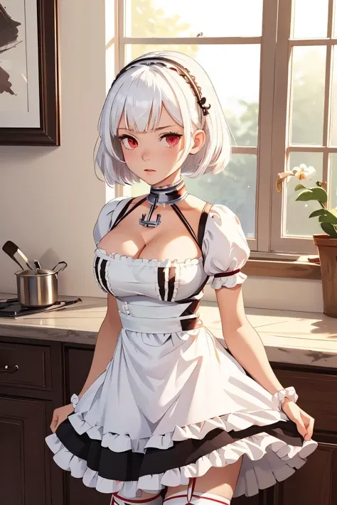 (masterpiece, best quality), 1girl,   <lora:LoRA_Sirius:1> SiriusMaidDef, red eyes, white hair, short hair, bangs, large breasts, hair between eyes, hairband, lace-trimmed hairband, anchor choker, choker,, breasts, frills, maid, thighhighs, dress, cleavage...