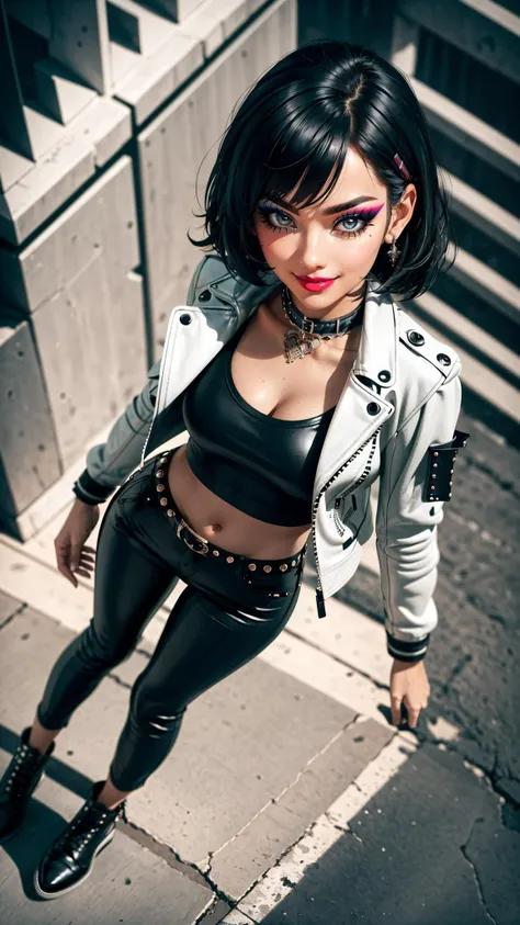 a rebellious look with a woman in punk-inspired clothing, leather jackets, leather pants,  and bold makeup, depth of field, seductive smile, from above, finger to own chin, 
masterpiece, best quality, intricate detail, 3d, 3d background,