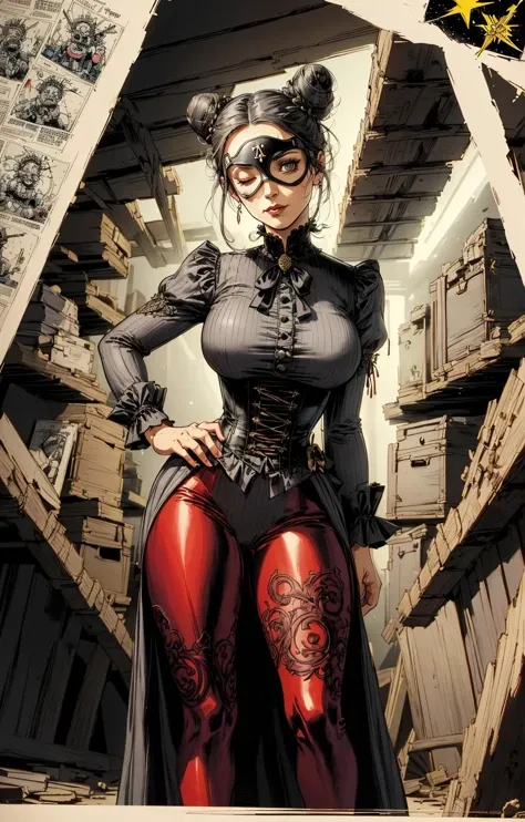 comic (fine conservative mature woman), prim and proper, Victorian apparel, eye mask, hair in a tight bun, dank grey basement, torture devices in background, occult symbols . graphic illustration, comic art, graphic novel art, vibrant, highly detailed