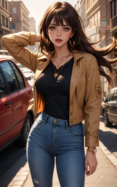 1girl, bangs, light brown hair, blunt bangs, brown eyes, denim, earrings, jeans, jewelry, lips, long hair, long sleeves, looking at viewer, necklace, pants, red lips, shirt, solo,  standing, looking away, 
masterpiece, best quality, toon (style),