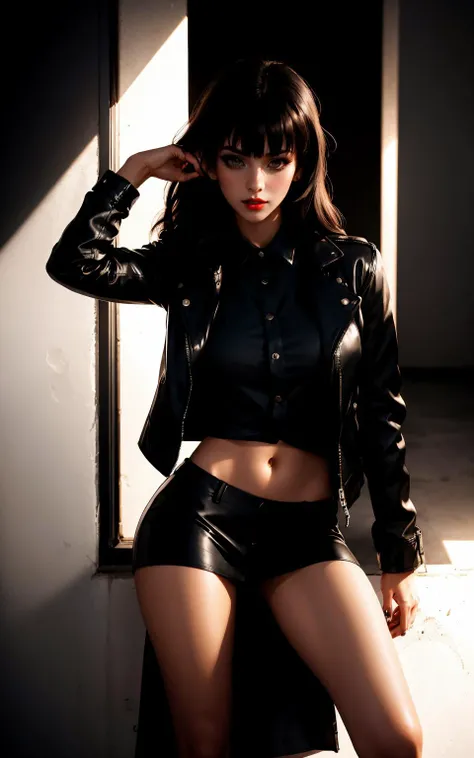 1girl, bangs, dark background, black jacket, black shirt, collared shirt, grey eyes,leather  jacket, lips, long hair, looking at viewer, makeup, realistic, red lips, shirt, solo, upper body
masterpiece, best quality, 
 <lora:backlight_slider_v10:-1> <lora:...