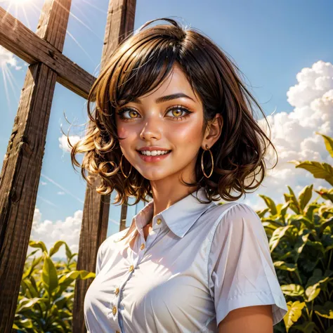 1girl, short hair, curly hair, yellow eyes, collared dress, skirt, 1950s (style), closed mouth,  blue sky, smile, 
masterpiece, best quality, intricate detail 
 <lora:add_sharpness:1> <lora:add_detail:0.5>