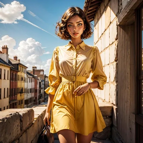 1girl, short hair, curly hair, yellow eyes, collared dress, skirt, 1950s (style), closed mouth,  blue sky, parted lips, 
masterpiece, best quality, intricate detail 
 <lora:add_sharpness:1> <lora:add_detail:0.5>