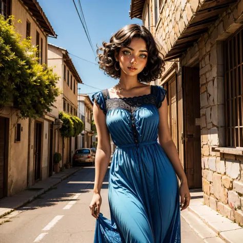 1girl, short hair, curly hair, yellow eyes, long dress, 1950s (style), closed mouth,  blue sky, parted lips, 
masterpiece, best quality, intricate detail 
 <lora:add_sharpness:1> <lora:add_detail:0.5>