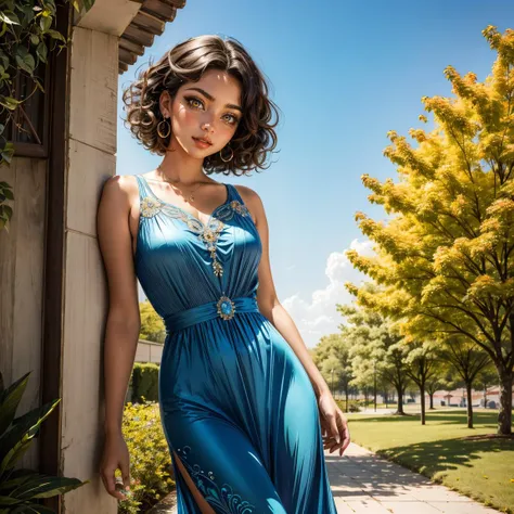 1girl, short hair, curly hair, yellow eyes, long dress, 1950s (style), closed mouth,  blue sky, parted lips, 
masterpiece, best quality, intricate detail 
 <lora:add_sharpness:1> <lora:add_detail:0.5>