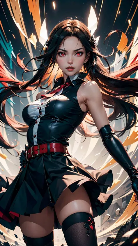 (best quality, masterpiece, colorful, dynamic angle, highest detailed) Akame ga Kill!, upper body shot, fashion photography of cute (Akame ga Kill!), perfect long black hair, red eyes, black dress, sleeveless, detailed white collar, black skirt, red belt a...