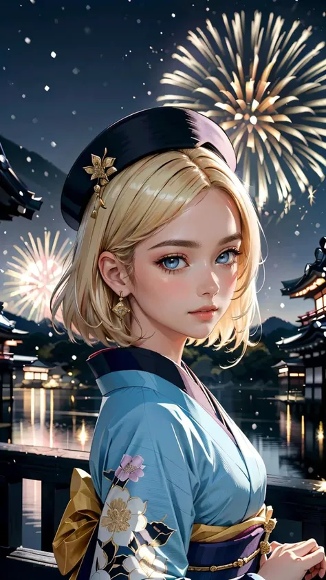 (best quality, masterpiece, colorful, dynamic angle, highest detailed) Realistic photo, fashion photography of a cute European girl with iridiscent blonde hair, flirting with POV, in traditional japanese gold&black kimono, ultra detailed kimono textures, S...