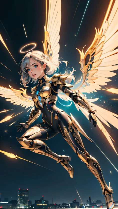 (best quality, masterpiece, colorful, dynamic angle, highest detailed)upper body photo, full body photo, fashion photography of cute mechangel, glowing 4 wings, solo, glowing armor, glowing halo, building, glowing mechanical 4 wings (intricate details, hyp...