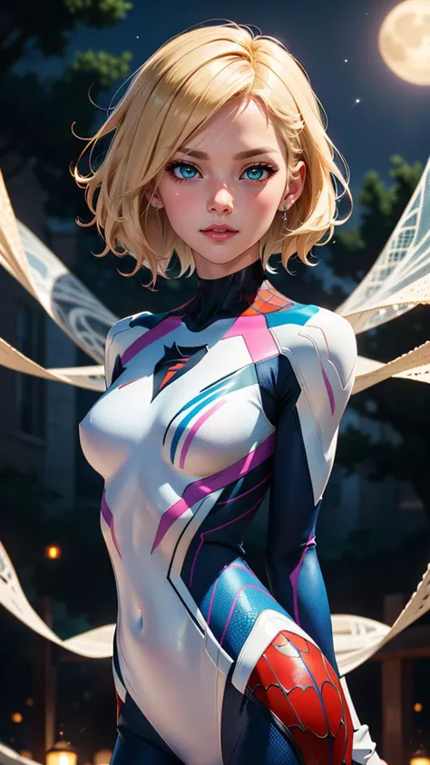 (best quality, masterpiece, colorful, dynamic angle, highest detailed) upper body photo, fashion photography of cute, intense short blonde hair, Gwendolyne Maxine Stacy Spider-Gwen suit, (ultrahigh resolution textures), in dynamic pose, bokeh, glowing web,...