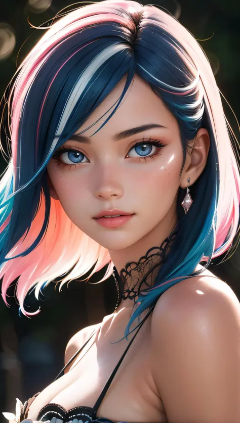 a woman with blue and pink hair and a black top