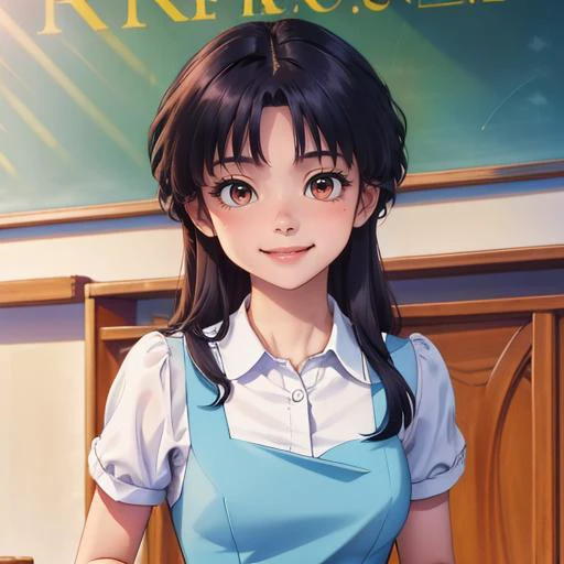 professional illustration, masterpiece, sexy, medium breasts, brown eyes, Akanechan., smile, blush<lora:Akane2024-03:0.7>blue dress, white shirt, school uniform