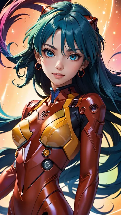 (best quality, masterpiece, colorful, highest detailed) upper body photo, fashion photography of cute (Asuka Langley), in high detailed textured Evangelion red plugsuit, (ultra-detailed body), (light smile:0.3), moonlight passing through hair, (colorful ba...