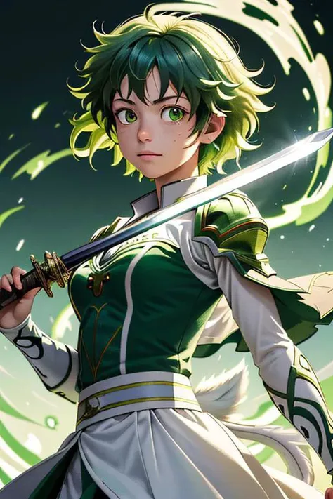 best quality, afterglow, 4k, ((masterpiece)), extremely detailed, 8k, trending on ArtStation, Intricate, High Detail, Sharp focus, Midoriya Izuku, green curly hair, white dog ears, white tail, green flames, cutlass sword,