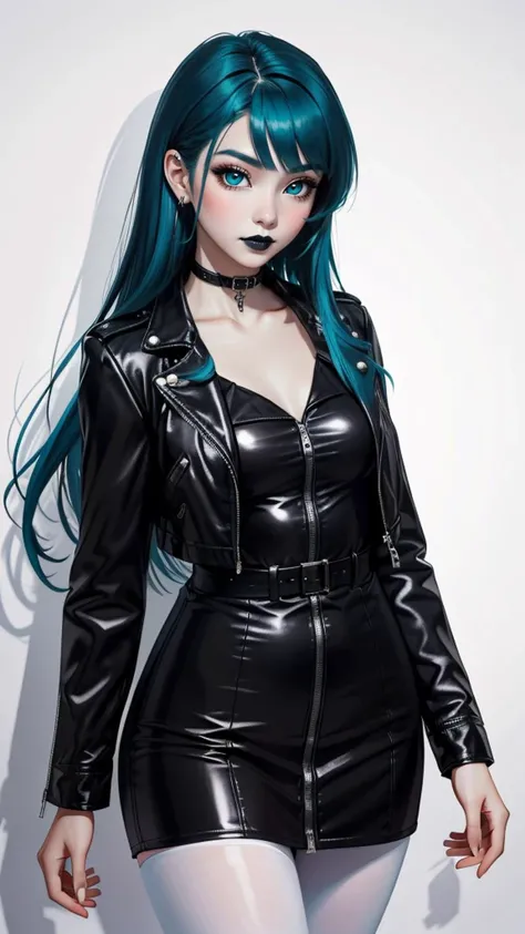 a girl with a leather jacket, inspired by rossdraws, gothic art, with long hair and piercing eyes, anime girl wearing a black dress, with teal clothes, (white skin), (thick black lipstick), (deep black eyes), lois van baarle, charlie bowater and artgem, gl...