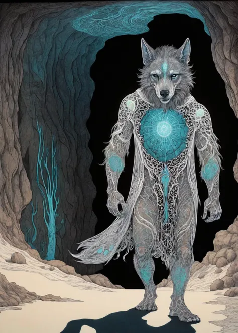 a close up of a person standing in a cave with a wolf