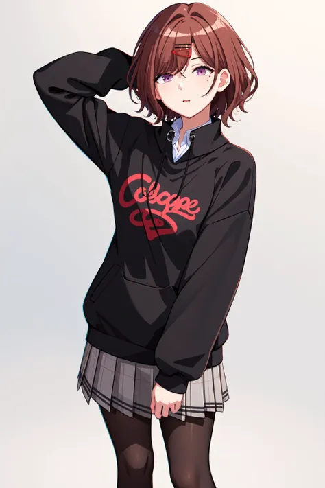 anime girl in a black hoodie and plaid skirt