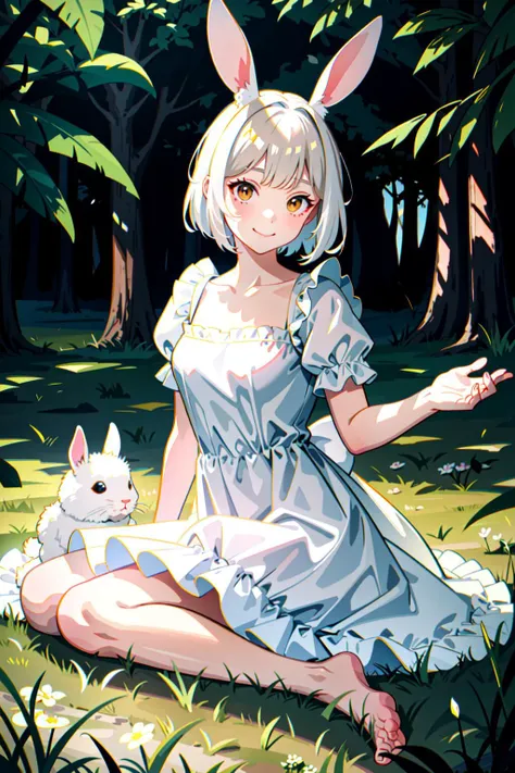 anime girl with bunny ears sitting in the grass with a white cat