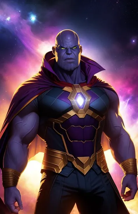 (best quality: 1.2), (masterpiece: 1.2), (realistic: 1.2), stunning angry thanos, bald, purple cape, nebula space background, vo...