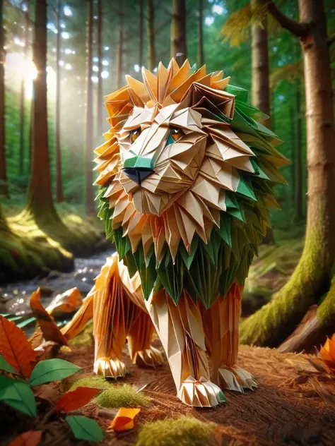 ral-orgmi, a origami paper lion in a forest <lora:ral-orgmi-sdxl:1>