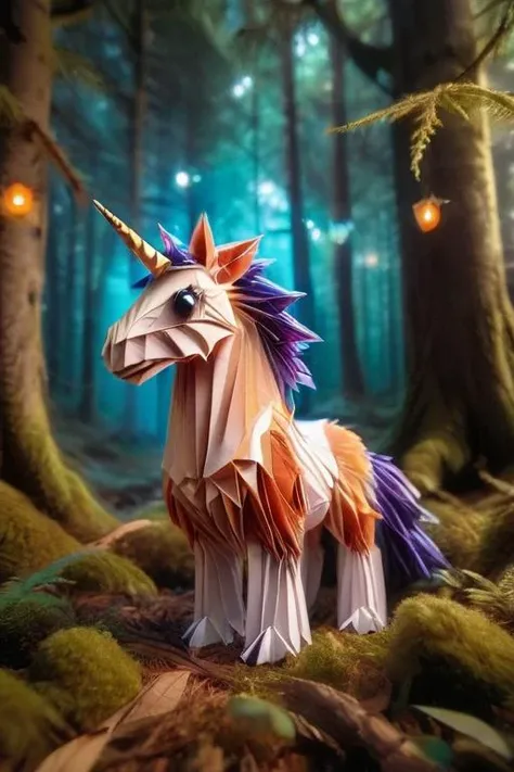 a close up of a paper unicorn in a forest with lights