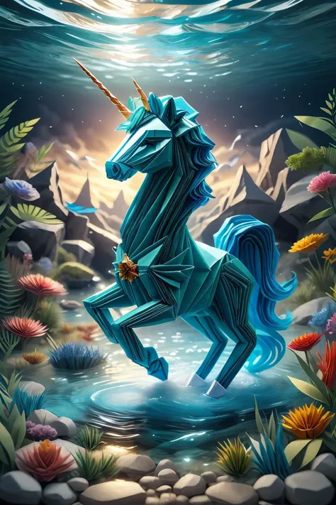 ral-orgmi, a origami paper  Colorful unicorn that is floating in the water  <lora:ral-origami:1> best quality,masterpiece,