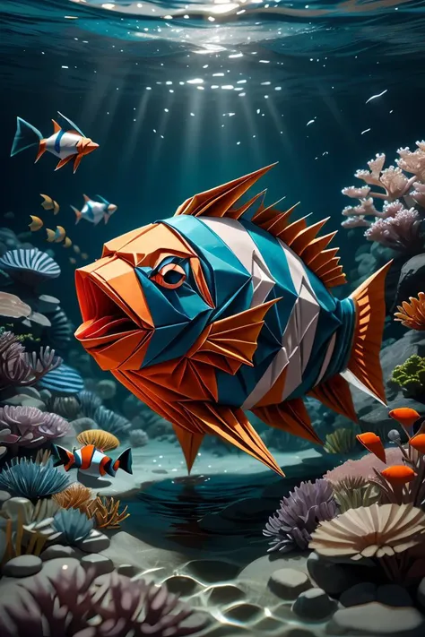 ral-orgmi, a origami paper Clownfish that is floating in the water <lora:ral-origami:0.7> , masterpiece, extremely detailed, soft light, Unreal Engine