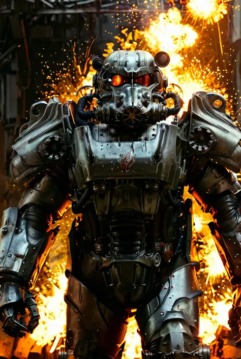 a close up of a robot with a fire in the background