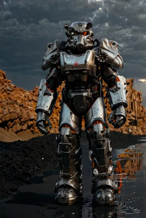 a close up of a robot standing in a field of dirt