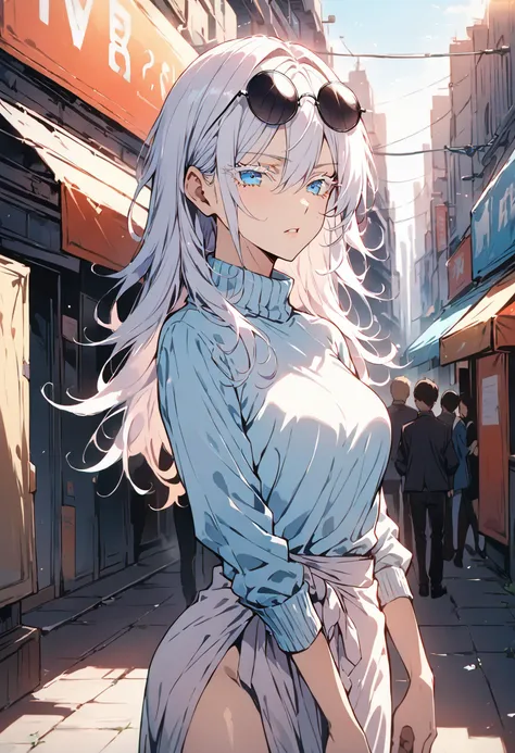 anime girl with blue eyes and white hair walking down a street